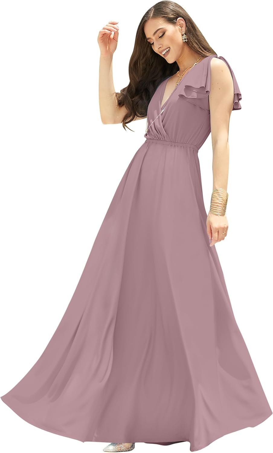 KOH KOH Womens Long V-Neck Ruffle Sleeveless Bridesmaid Prom Gown Maxi Dress
