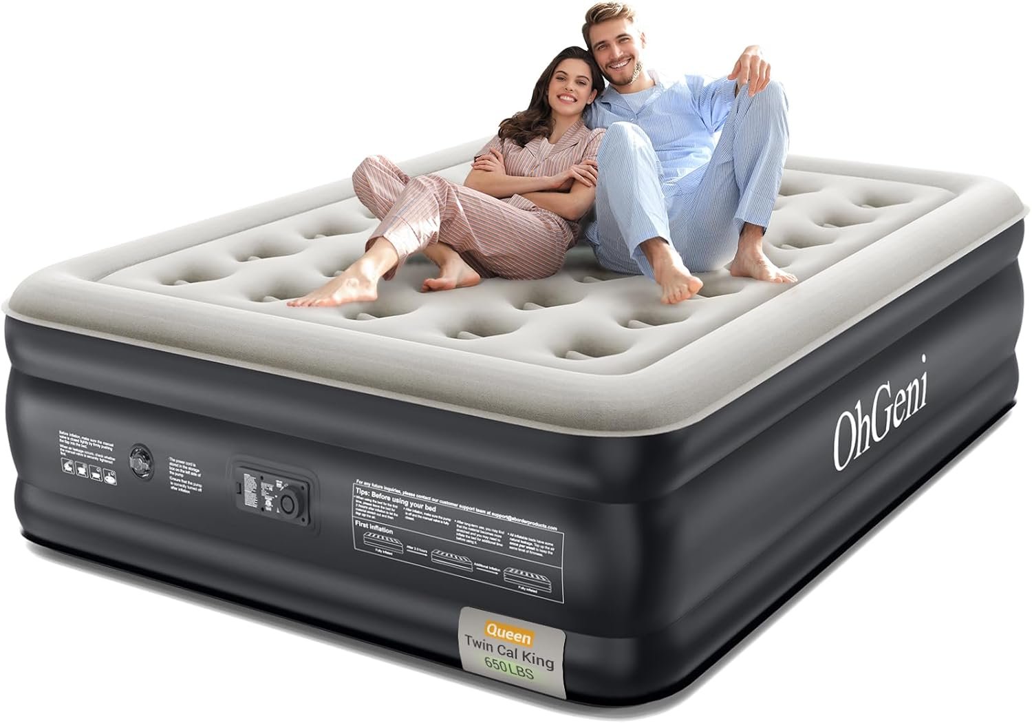 OhGeni Queen Air Mattress with Built in Pump, 18 Raised Comfort Inflatable Mattress, Quiet Surface Portable Blow Up Bed, Air Bed for Home and Guest, Colchone Inflable, 650 lbs Max