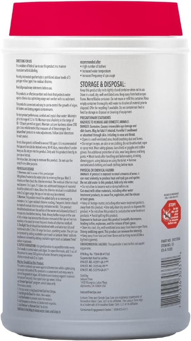 Leisure Time E5 Spa 56 Chlorinating Granules for Spas and Hot Tubs, 5-Pounds 2 Leisure Time E5 Spa 56 Chlorinating Granules for Spas and Hot Tubs, 5-Pounds - Image 2