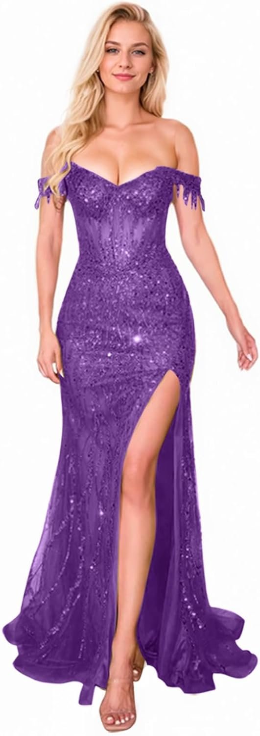 Luxury Bead Memaid Prom Dresses for Women 2025 Sequin Off Shoulder Formal Evening Dresses with Slit HN-P1043