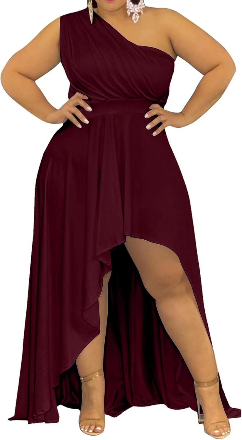 Ekaliy Women's Plus Size One Shoulder Dress Sexy High Low Irregular Hem Flowy Party Cocktail Maxi Dress
