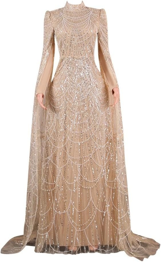 Engerla Luxury Pearls Muslim Mermaid Evening Dress Women High Neck Long Cape Sleeves Formal Prom Party Gowns