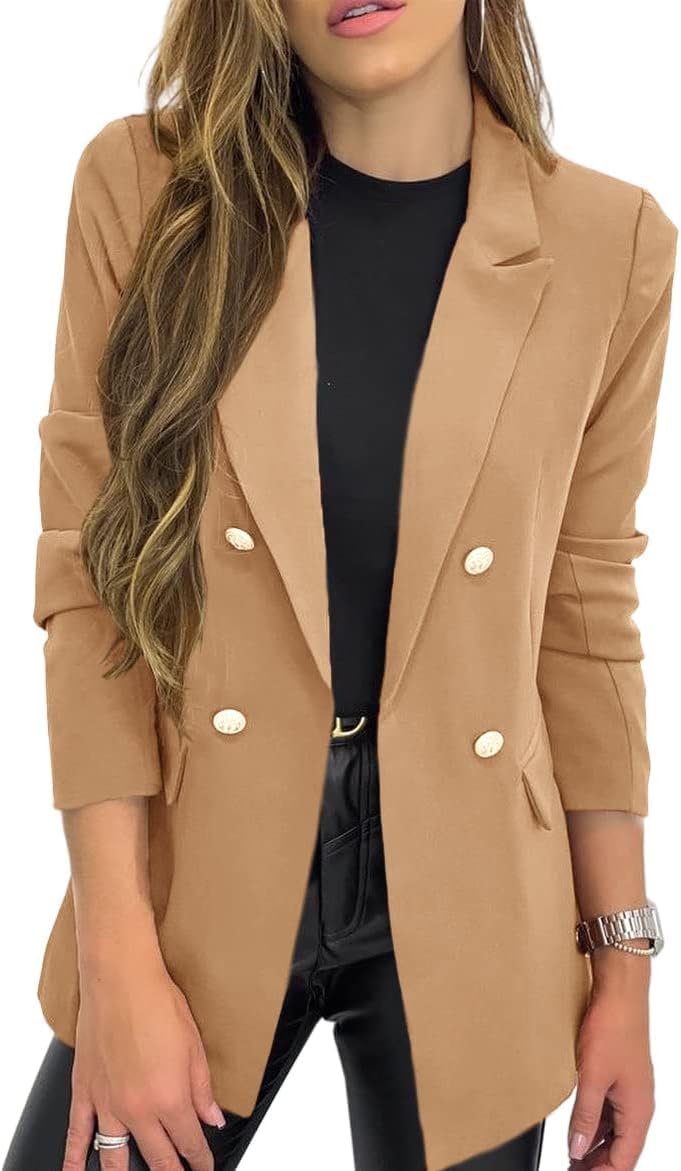 Hdieso Womens Solid Color Casual Long Sleeve Lapel Button Blazer Jacket