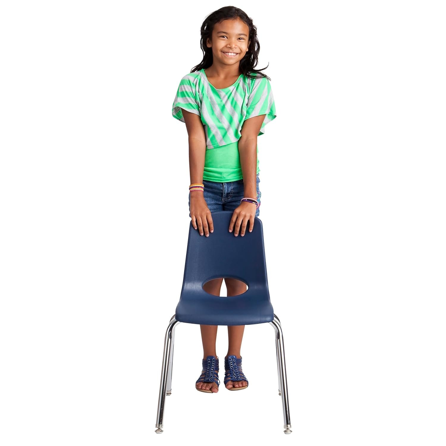 Factory Direct Partners 10368-NV 16" School Stack Chair, Stacking Student Seat with Chromed Steel Legs and Nylon Swivel Glides for in-Home Learning or Classroom - Navy (6-Pack) 4 Factory Direct Partners 10368-NV 16" School Stack Chair, Stacking Student Seat with Chromed Steel Legs and Nylon Swivel Glides for in-Home Learning or Classroom - Navy (6-Pack) - Image 4