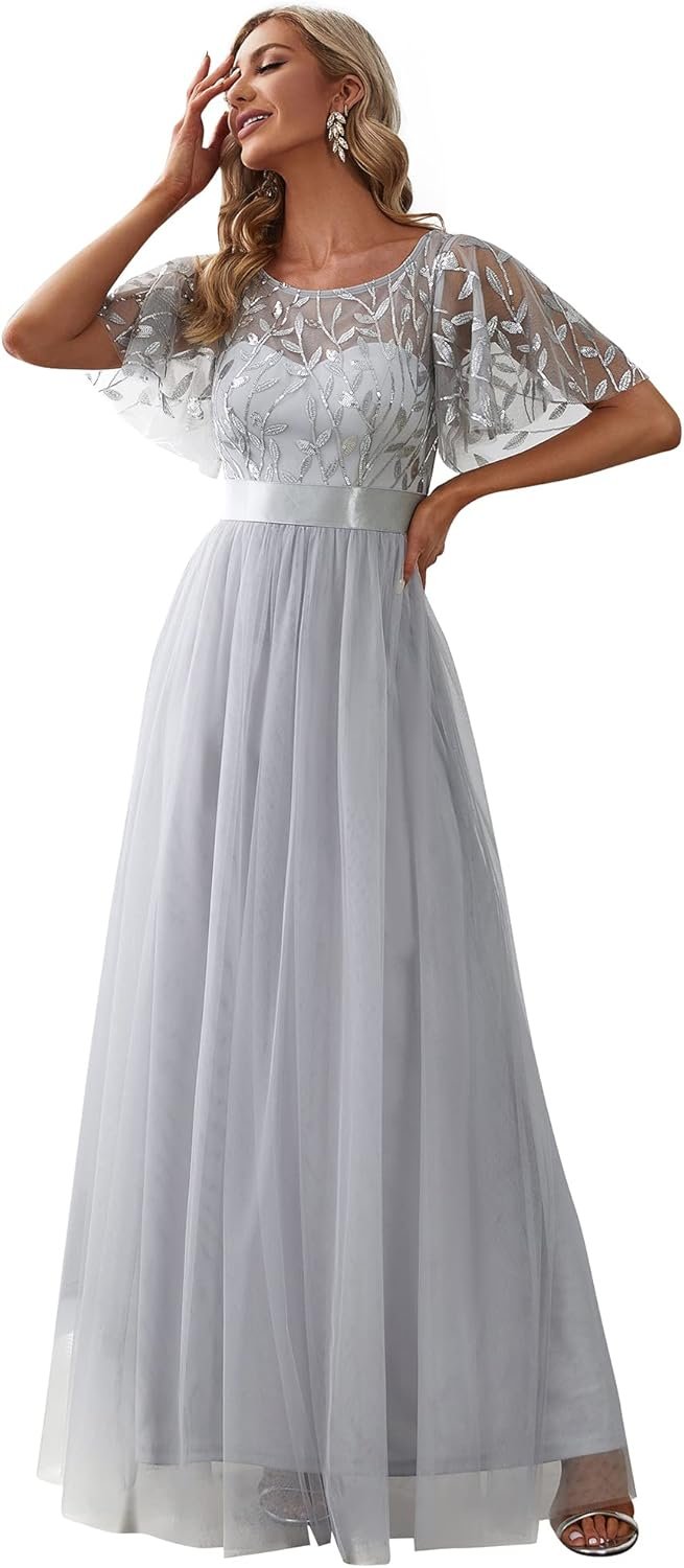 Ever-Pretty Women's Formal Dresses Crew Neck Sequin Ruffle Sleeve Empire Waist Beaded Long Evening Dresses Grey US22