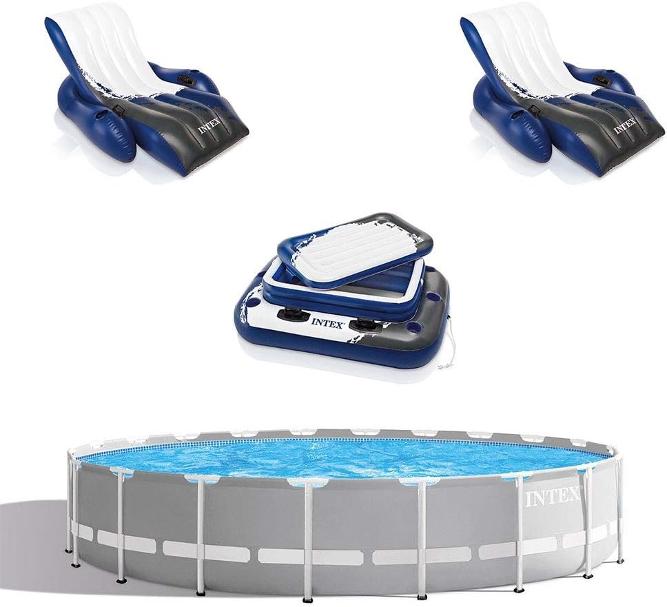 Intex 20ft x 52in Outdoor Prism Frame Above Ground Swimming Pool Set with Cartridge Filter Pump, 2 Lounger Float Chairs and Inflatable Cooler with Lid