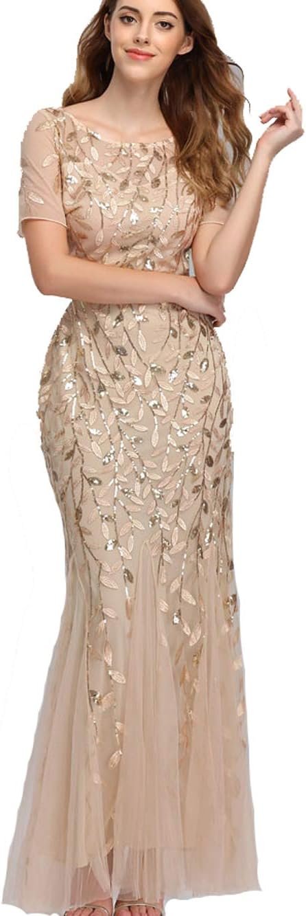 Womens Elegant Mermaid Short Sleeves Long Evening Dress