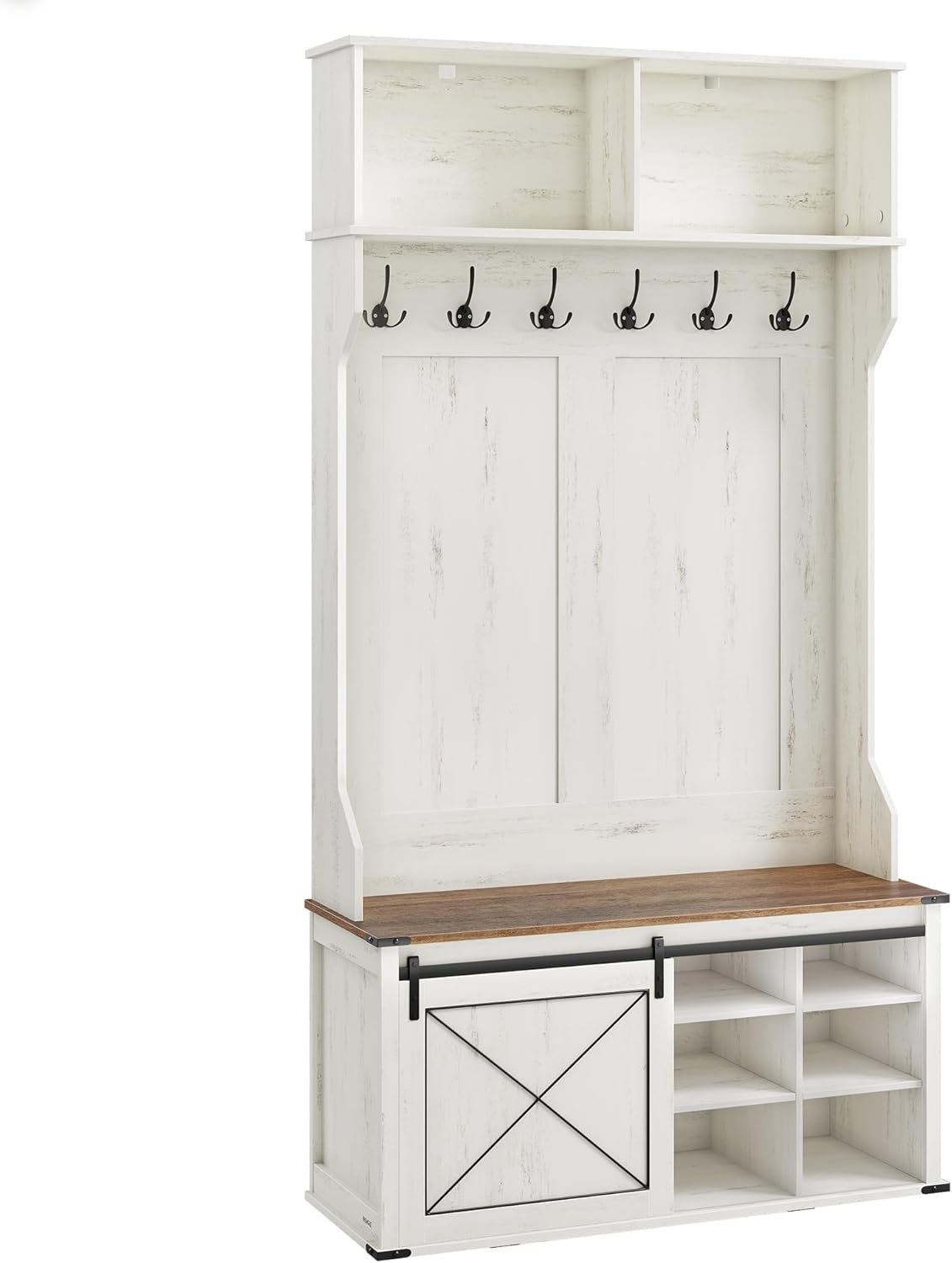 VASAGLE Hall Tree with Bench and Shoe Storage, Coat Rack with Shoe Bench, Entryway Furniture, 6 Tri-Hooks, Sliding Door, Farmfouse Style, Space Saving, Rustic White and Honey Brown UHSR442W01 7 VASAGLE Hall Tree with Bench and Shoe Storage, Coat Rack with Shoe Bench, Entryway Furniture, 6 Tri-Hooks, Sliding Door, Farmfouse Style, Space Saving, Rustic White and Honey Brown UHSR442W01 - Image 7