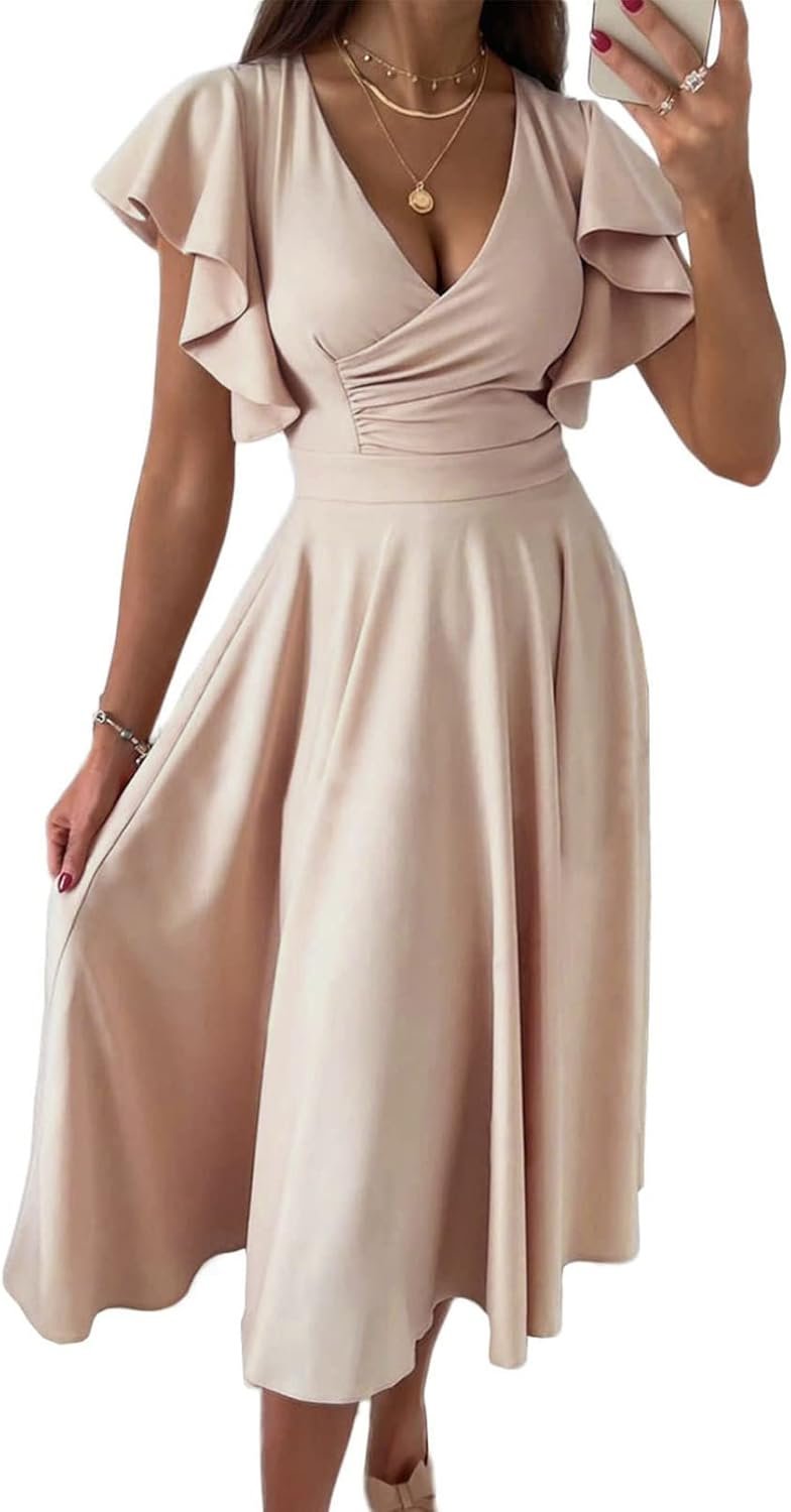 Dokotoo Women's V Neck Elegant Party Dress Short Sleeve Skater Dress Wedding Guest Dresses