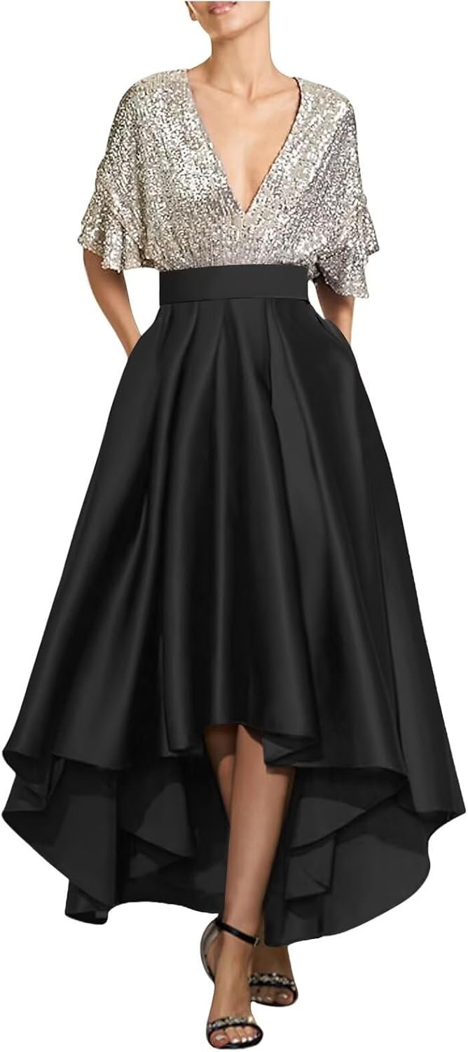 Womens Sequin Prom Dress Short Sleeve Satin Tea Length Evening Dress for Women V Neck A Line Wedding Guest Dress