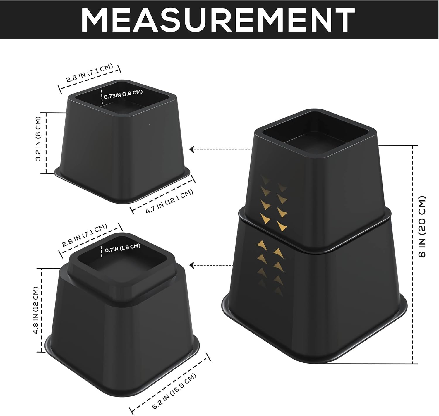 Utopia Bedding Adjustable Bed Furniture Risers - Elevation in Heights 3, 5 or 8 Inch Heavy Duty Risers for Beds and Under Bed Storage - Supports up to 1,300 lbs - (Set of 4 Riser, Black) 3 Utopia Bedding Adjustable Bed Furniture Risers - Elevation in Heights 3, 5 or 8 Inch Heavy Duty Risers for Beds and Under Bed Storage - Supports up to 1,300 lbs - (Set of 4 Riser, Black) - Image 3