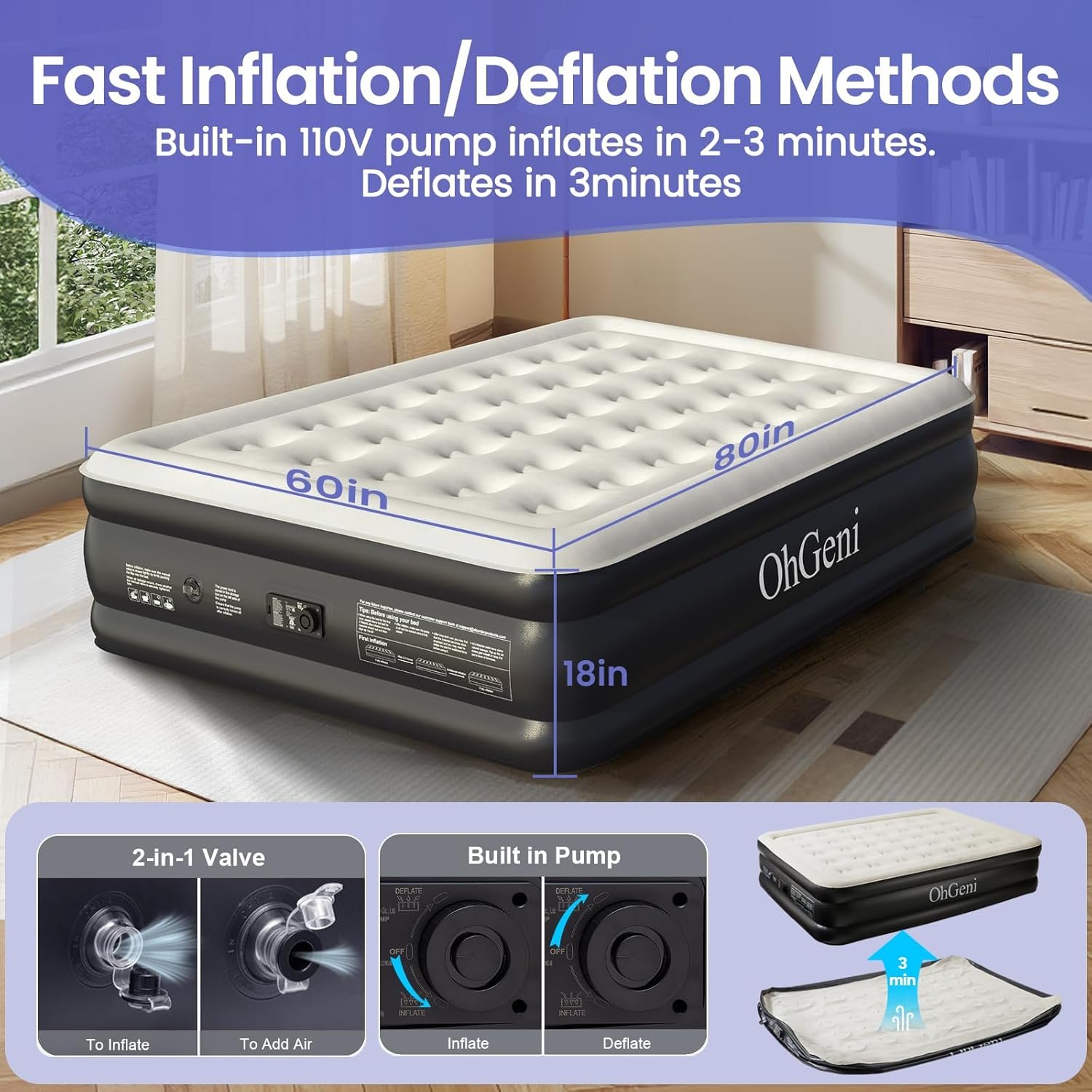 OhGeni Queen Air Mattress with Built in Pump, 18 Raised Comfort Inflatable Mattress, Quiet Surface Portable Blow Up Bed, Air Bed for Home and Guest, Colchone Inflable, 650 lbs Max 4 OhGeni Queen Air Mattress with Built in Pump, 18 Raised Comfort Inflatable Mattress, Quiet Surface Portable Blow Up Bed, Air Bed for Home and Guest, Colchone Inflable, 650 lbs Max - Image 4