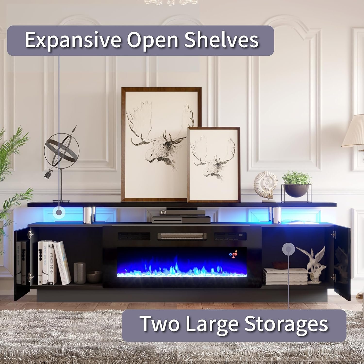 AMERLIFE Fireplace TV Stand with 36" Fireplace, 70" Modern High Gloss Fireplace Entertainment Center LED Lights, 2 Tier TV Console Cabinet for TVs Up to 80", Obsidian Black 6 AMERLIFE Fireplace TV Stand with 36" Fireplace, 70" Modern High Gloss Fireplace Entertainment Center LED Lights, 2 Tier TV Console Cabinet for TVs Up to 80", Obsidian Black - Image 6
