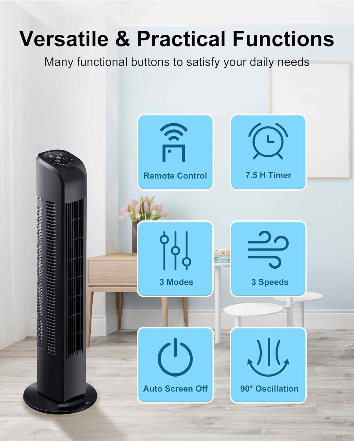 Oscillating Tower Fan with Remote, Electric Standing Tower Fan Floor Fan for Bedroom Indoor Office and Home Use,Quiet Cooling Portable Bladeless Tower Fans, 30 inchs, Black Tower Fan 3 Oscillating Tower Fan with Remote, Electric Standing Tower Fan Floor Fan for Bedroom Indoor Office and Home Use,Quiet Cooling Portable Bladeless Tower Fans, 30 inchs, Black Tower Fan - Image 3