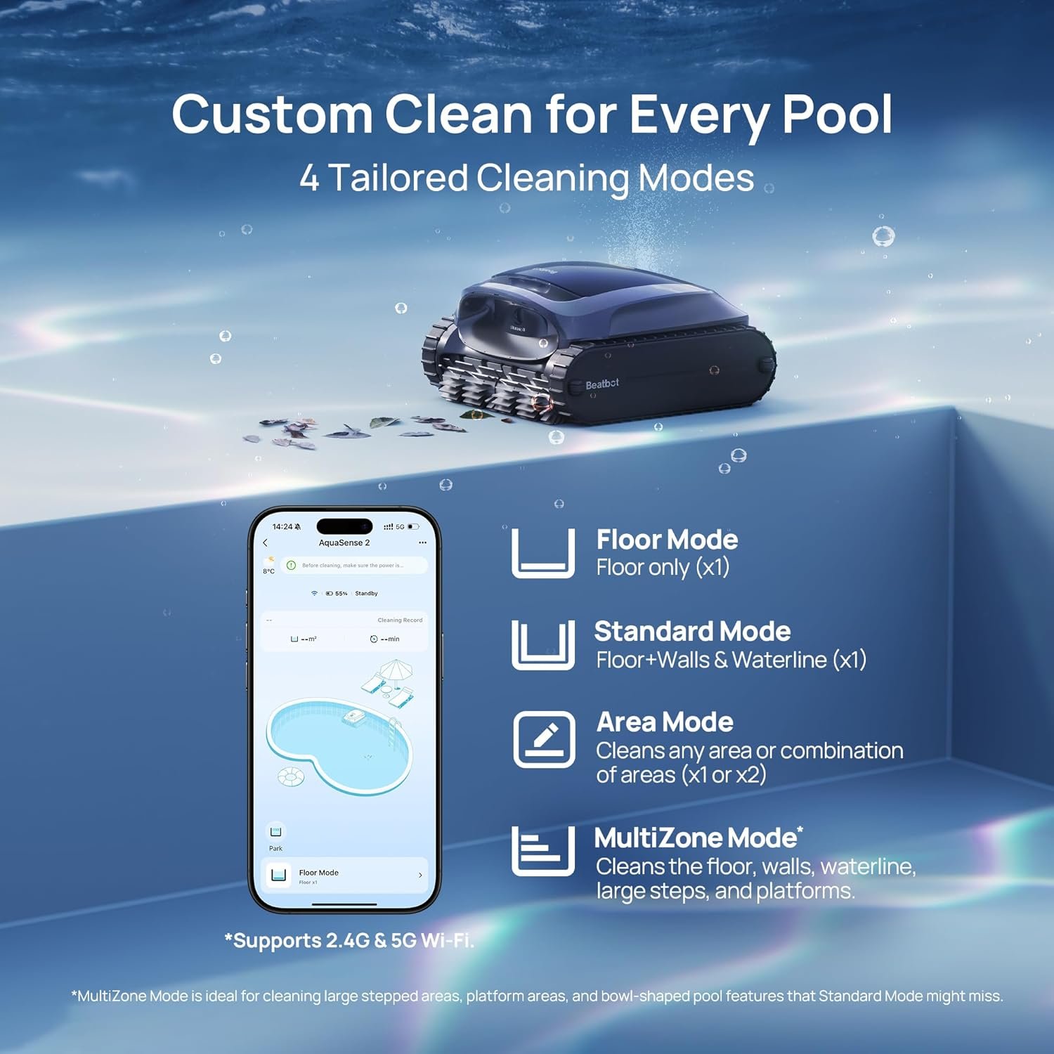 Beatbot AquaSense 2 Cordless Robotic Pool Vacuum Cleaner, Smart Surface Parking, Double-Pass Waterline Scrubbing, Cleans Floor, Walls, and Waterline, Above & In-Ground Pools up to 3,230 sq.ft - Blue 7 Beatbot AquaSense 2 Cordless Robotic Pool Vacuum Cleaner, Smart Surface Parking, Double-Pass Waterline Scrubbing, Cleans Floor, Walls, and Waterline, Above & In-Ground Pools up to 3,230 sq.ft - Blue - Image 7