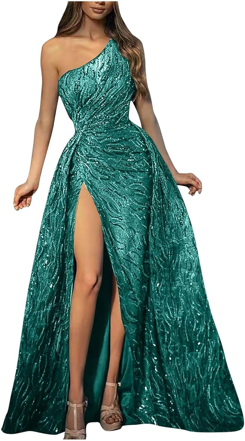NATHGAM Luxury Sequin Long Dress for Women High Split Floor Length Wrap Dress Silky Sequins Fishtail Banquet Evening Dress