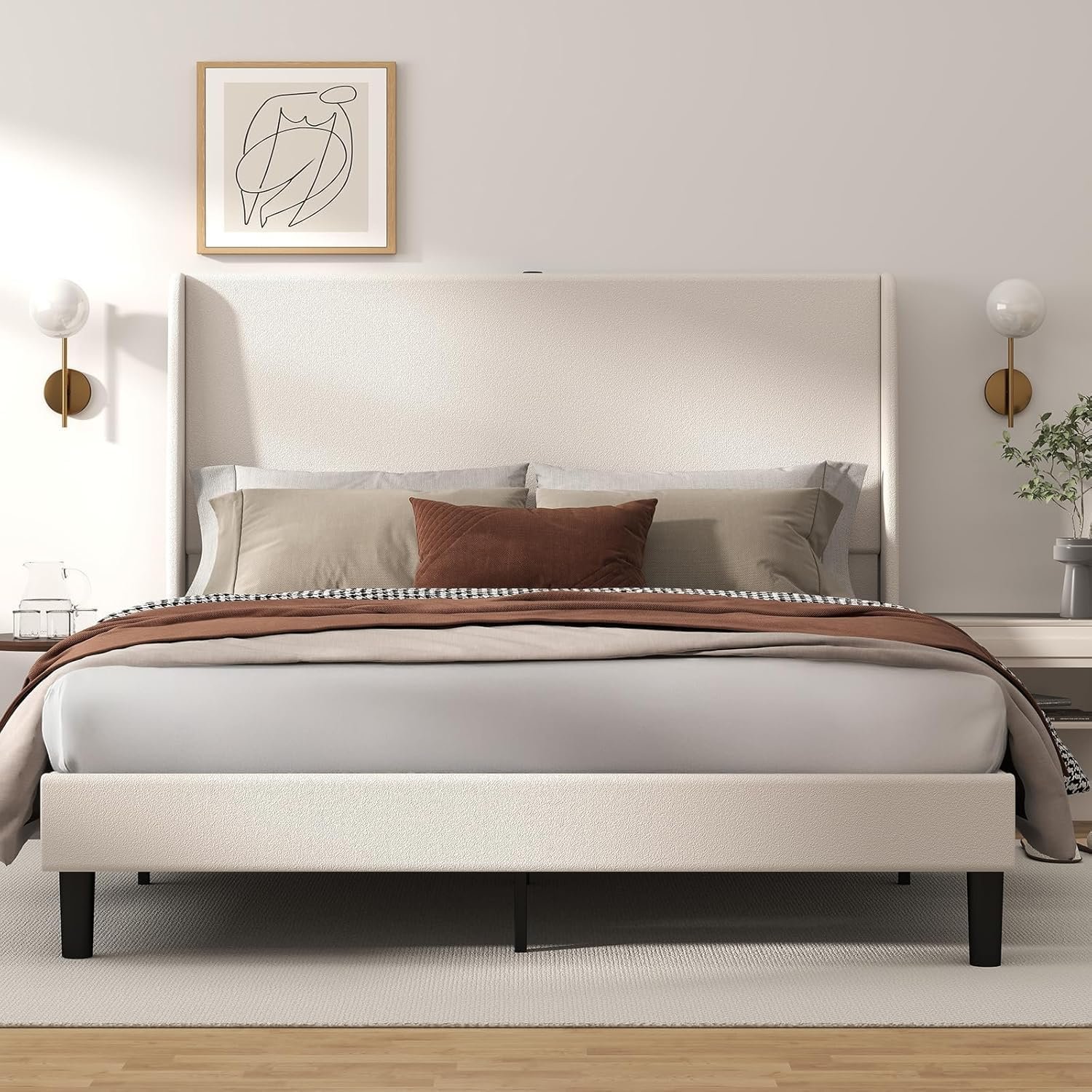 GTRACING Queen Size Bed Frame, Upholstered Platform Bed Frame with USB Type-C Tall Headboard Wingback, Soft Velvet Fabric, No Box Spring Needed, Easy Assembly, Cream