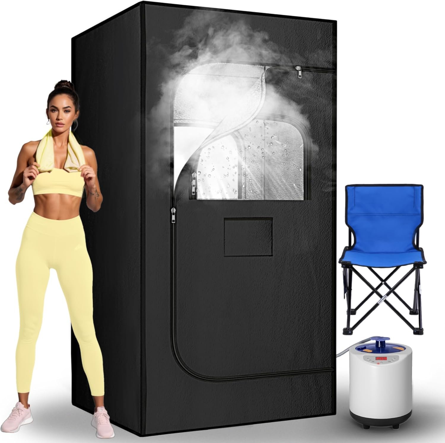 Portable Steam Sauna, Sauna Box with 1200w 3L Steamer, 15 Levels of Foldable Sauna for Home, Personal Sauna with Remote Control and Folding Chair, Black