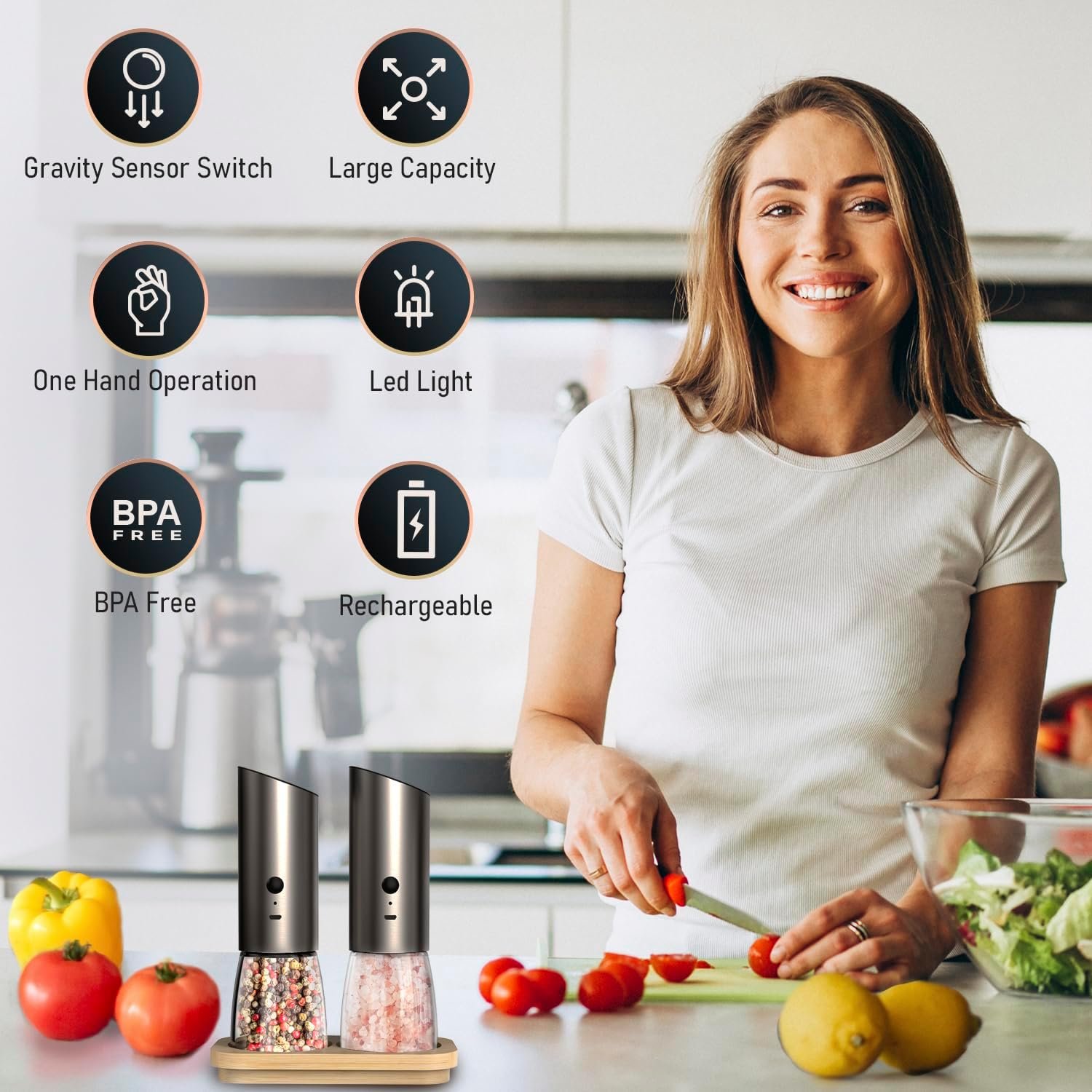 Electric Salt and Pepper Grinder Set with Adjustable Coarseness, LED Light and a Bamboo Base – Rechargeable Stainless Steel Spice Grinder for Kitchen - Automatic Salt and Pepper Shakers 7 Electric Salt and Pepper Grinder Set with Adjustable Coarseness, LED Light and a Bamboo Base – Rechargeable Stainless Steel Spice Grinder for Kitchen - Automatic Salt and Pepper Shakers - Image 7