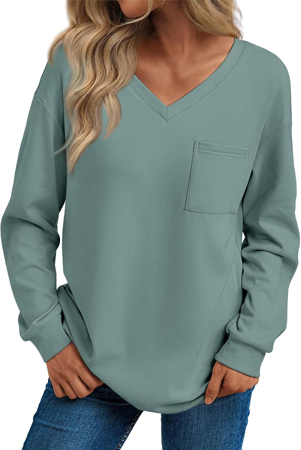 Trendy Queen Womens Long Sleeve Tops Casual Shirts V Neck Clothing Fall Fashion Clothes with Pocket