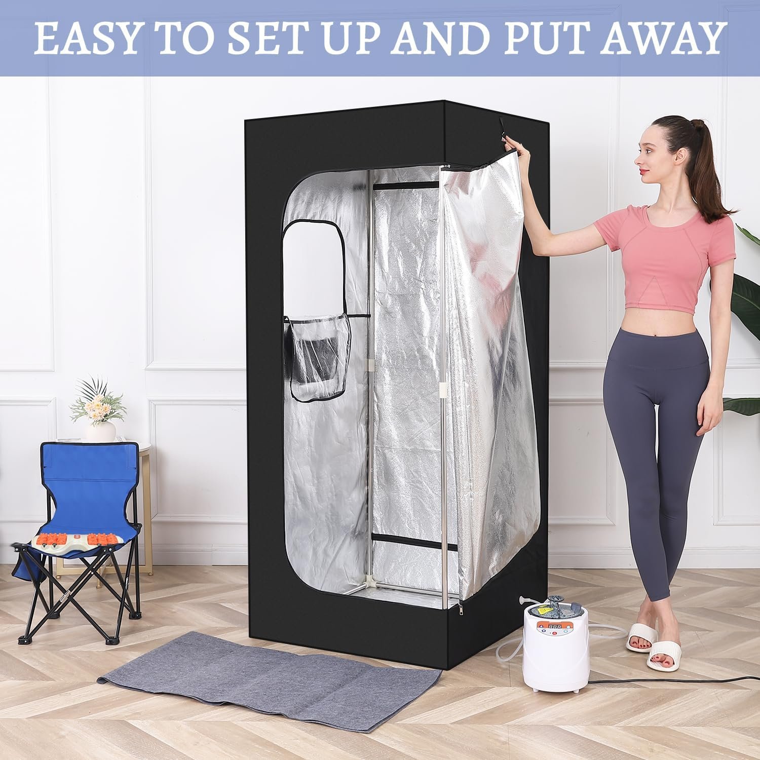 Full Body Personal Home Sauna Box, Portable Steam Saunas Tent, 1100 W & 3 L Sauna Steamer, Remote Control, Foldable Chair(Black)