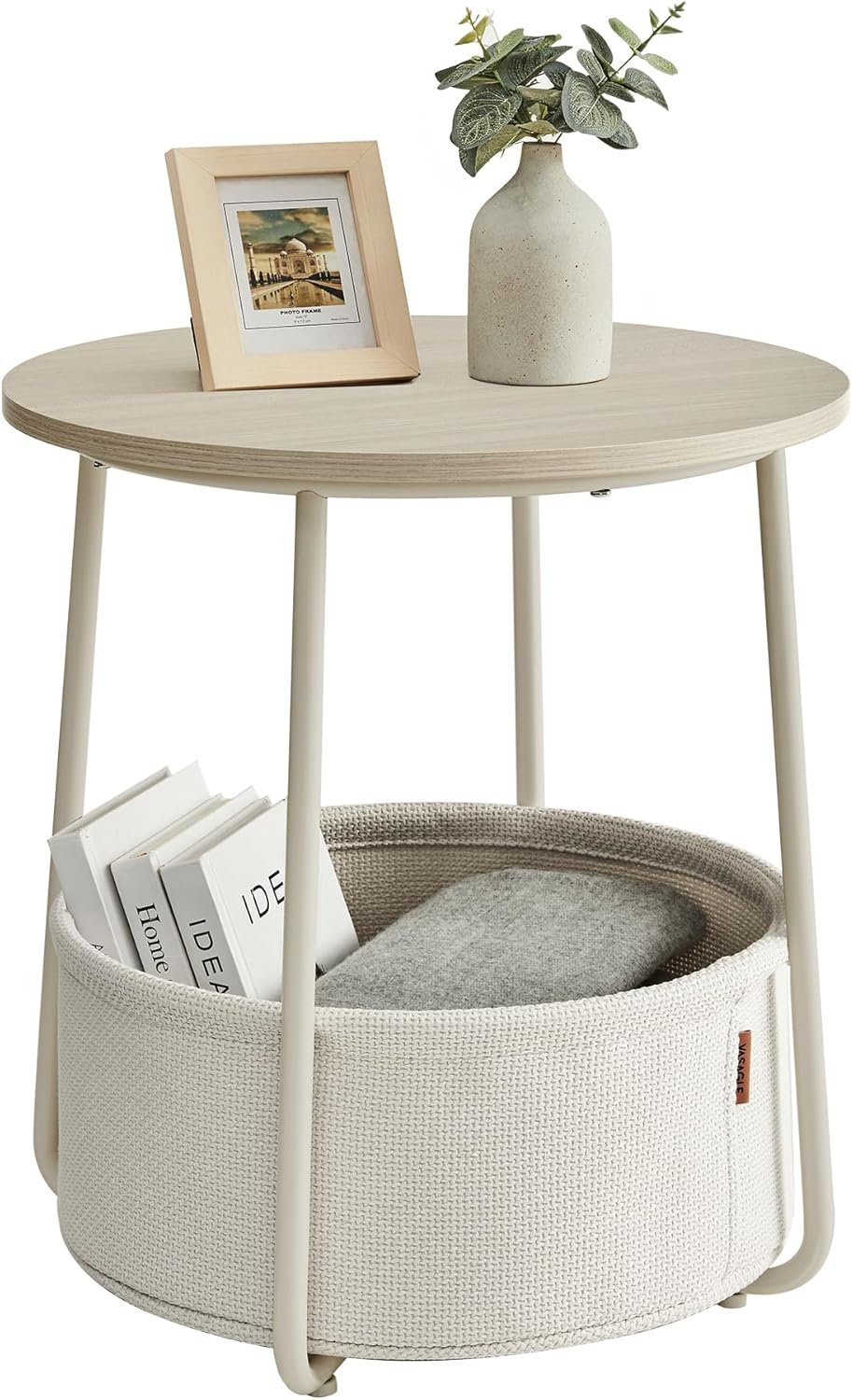 VASAGLE End Table, Small Bedside Table with Fabric Basket, Modern Nightstand, Round Side Table, for Living Room, Bedroom, Cream White ULET223K67