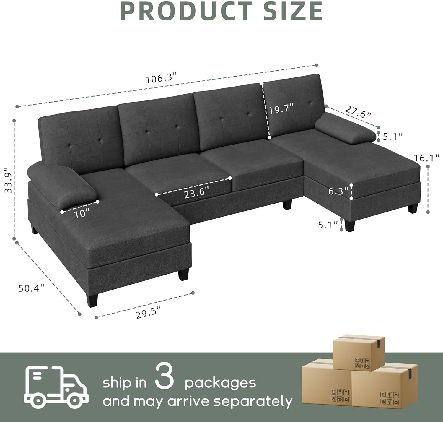 Shintenchi Sectional Couches for Living Room, U Sofa Shaped Couch with Double Chaise, 4-Seat Living Room Furniture Sets with Soft Cushion & Linen Fabric, Black