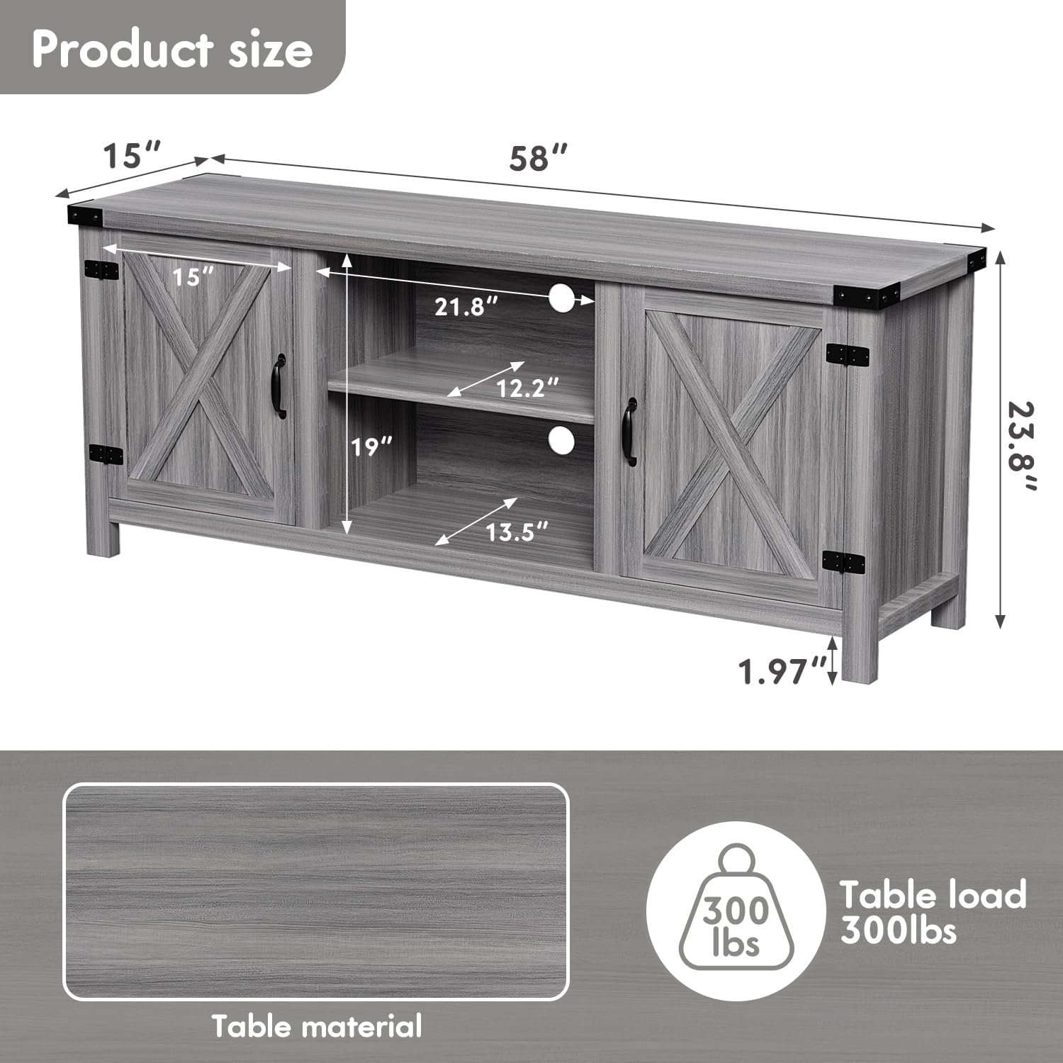 YESHOMY Modern Farmhouse TV Stand with Two Barn Doors and Storage Cabinets for Televisions up to 65+ Inch, Entertainment Center Console Table, Media Furniture for Living Room, 58 Inch, Gray Wash 9 YESHOMY Modern Farmhouse TV Stand with Two Barn Doors and Storage Cabinets for Televisions up to 65+ Inch, Entertainment Center Console Table, Media Furniture for Living Room, 58 Inch, Gray Wash - Image 9