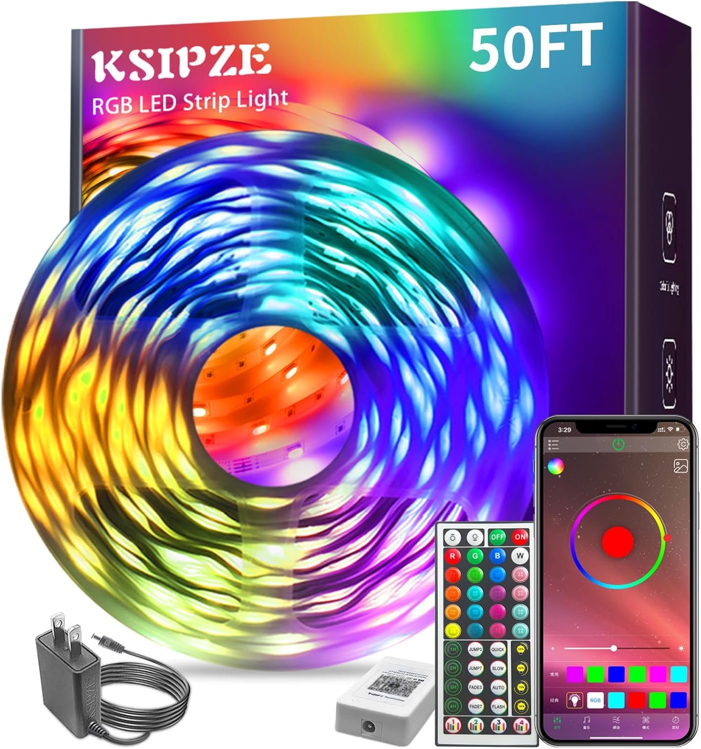 KSIPZE Led Lights for Bedroom 50ft Led Strip Lights with Remote RGB Color Changing Music Sync Bluetooth Smart App Control for Room Bedroom Lighting Flexible Home Décor
