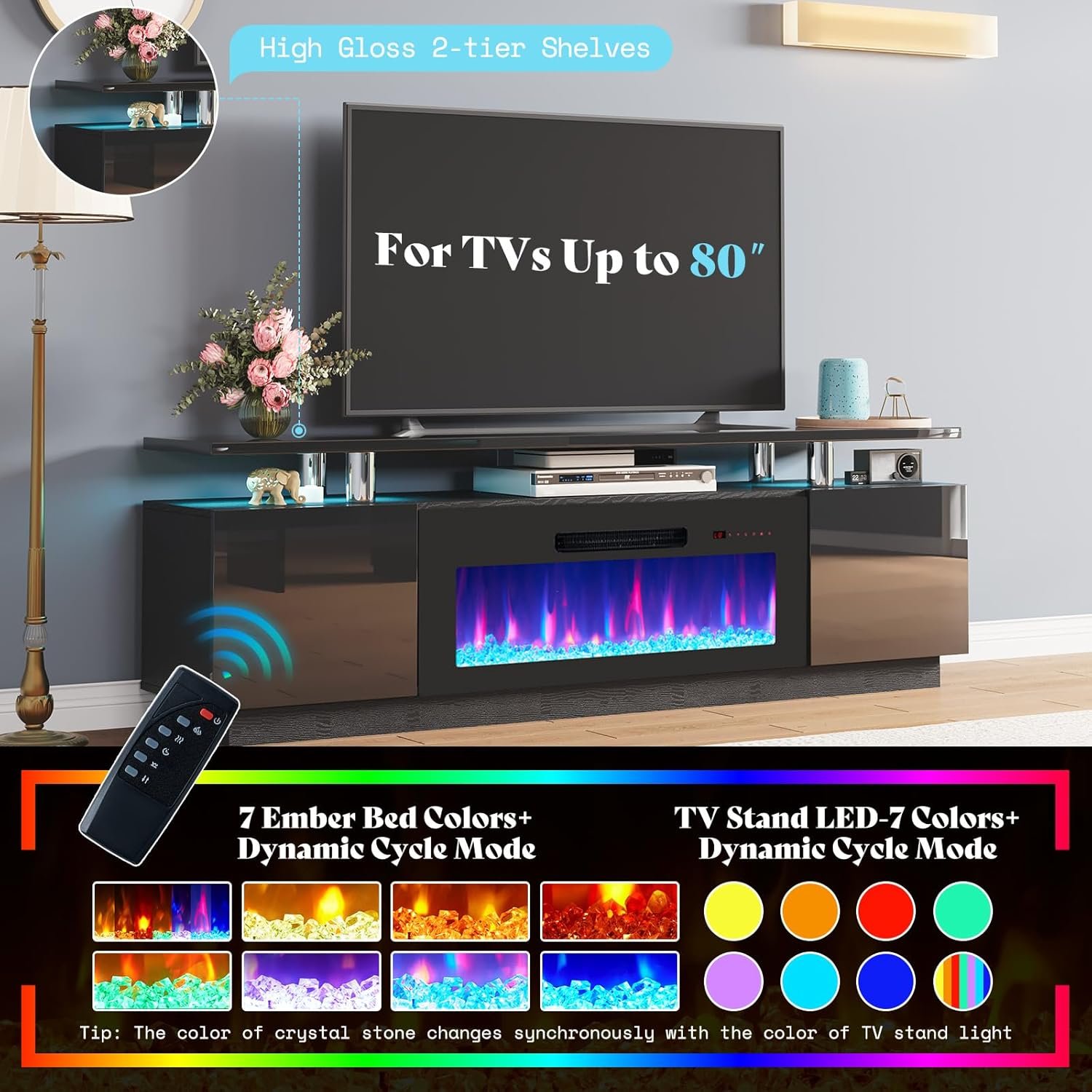 AMERLIFE Fireplace TV Stand with 36" Fireplace, 70" Modern High Gloss Fireplace Entertainment Center LED Lights, 2 Tier TV Console Cabinet for TVs Up to 80", Obsidian Black 5 AMERLIFE Fireplace TV Stand with 36" Fireplace, 70" Modern High Gloss Fireplace Entertainment Center LED Lights, 2 Tier TV Console Cabinet for TVs Up to 80", Obsidian Black - Image 5