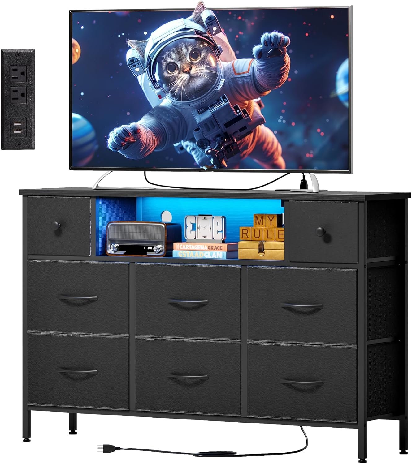 Fixwal Dresser for Bedroom with Power Outlets and LED Lights, Black 55" TV Stand with 8 Drawers, Fabric Chest of Drawers with PU Finish for Living Room, Entryway