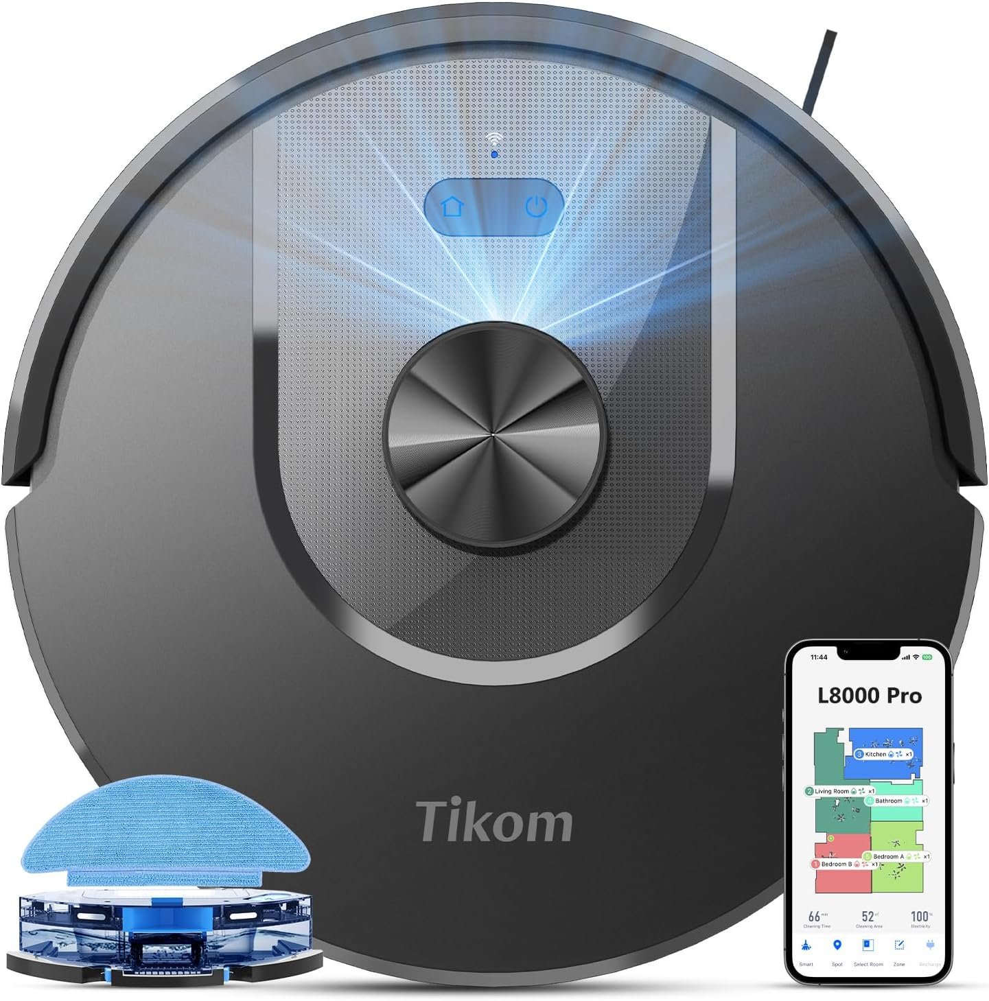 Tikom Robot Vacuum and Mop Combo, 5000Pa Suction, Smart Mapping, 45dB Robotic Vacuum Cleaner for Carpets, Pet Hair, Hardfloors (L8000 Pro)