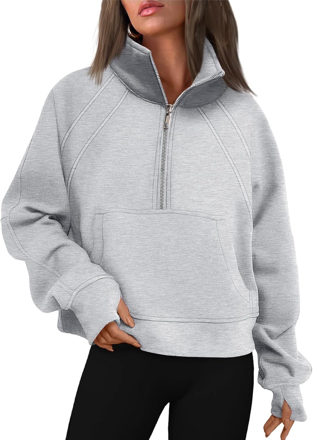 WYNNQUE Womens Quarter Zipper Pullover Oversized Sweatshirts Cropped Fleece Half Zip Hoodies Fall Clothes Sweaters Thumb Hole