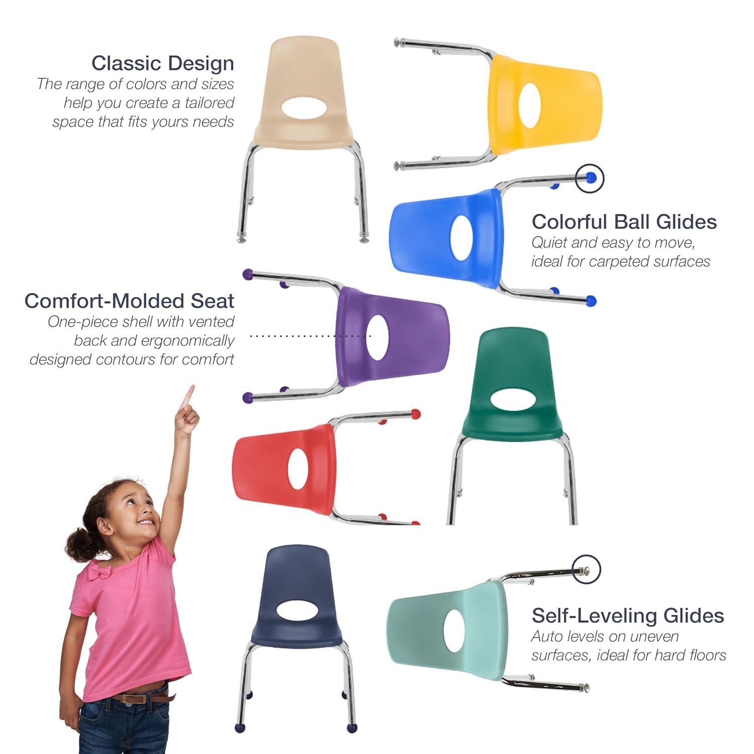 Factory Direct Partners 10368-NV 16" School Stack Chair, Stacking Student Seat with Chromed Steel Legs and Nylon Swivel Glides for in-Home Learning or Classroom - Navy (6-Pack) 8 Factory Direct Partners 10368-NV 16" School Stack Chair, Stacking Student Seat with Chromed Steel Legs and Nylon Swivel Glides for in-Home Learning or Classroom - Navy (6-Pack) - Image 8