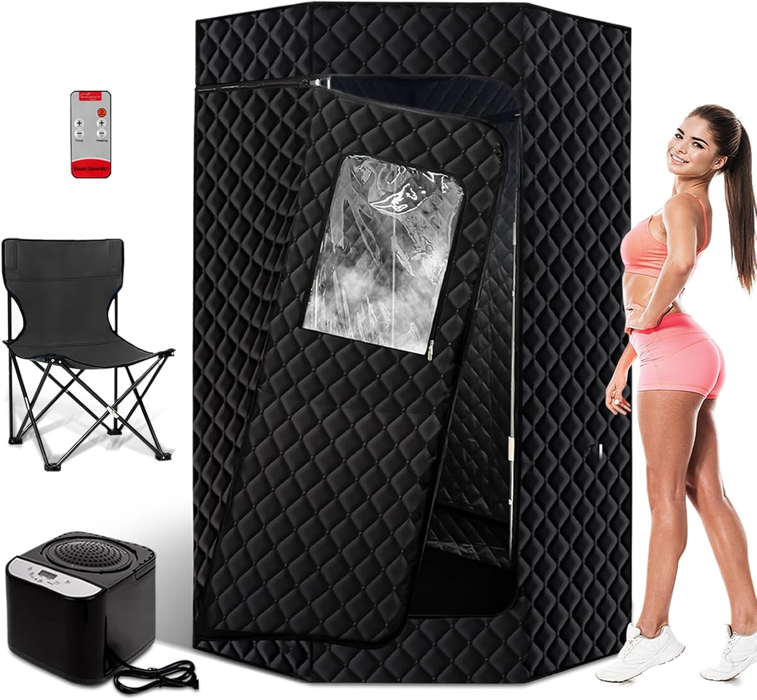 PEEKO Portable Sauna for Home,Full Size Personal Pentagon Sauna Tent Sauna Box with 4L Capacity 1500w Steamer,Foldable Chair with Side Pocket,Customized Pentagon Sweat Mat, Remote Controller