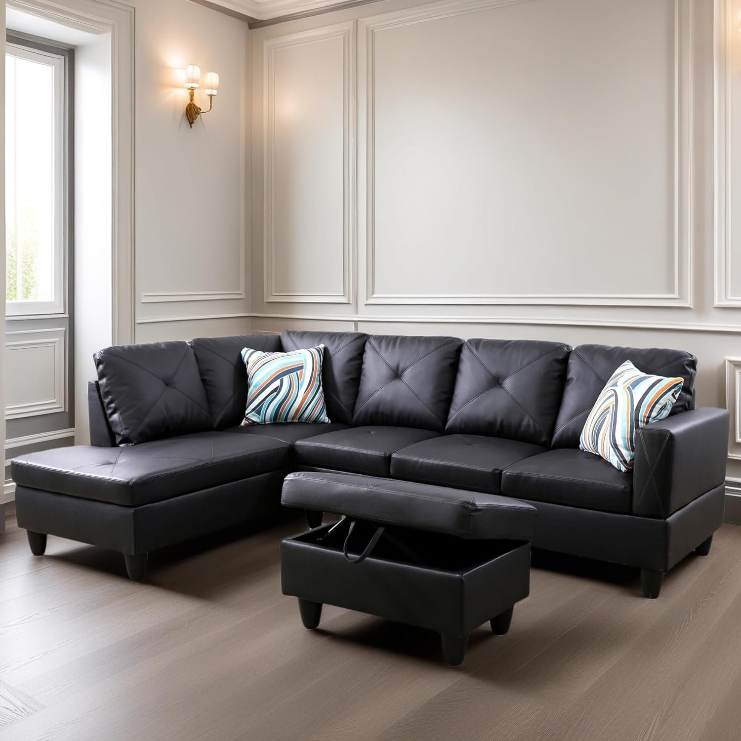 Leather Sectional Couch, Modern L Shaped Couches for Living Room, Comfy 4 Seat Modular Sectional Sofa with Ottoman Storage for Bedroom Apartment, Black 3 Leather Sectional Couch, Modern L Shaped Couches for Living Room, Comfy 4 Seat Modular Sectional Sofa with Ottoman Storage for Bedroom Apartment, Black - Image 3