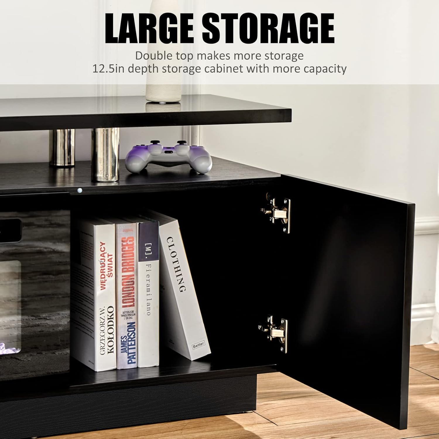 AMERLIFE Fireplace TV Stand with 36" Fireplace, 70" Modern High Gloss Fireplace Entertainment Center LED Lights, 2 Tier TV Console Cabinet for TVs Up to 80", Obsidian Black 4 AMERLIFE Fireplace TV Stand with 36" Fireplace, 70" Modern High Gloss Fireplace Entertainment Center LED Lights, 2 Tier TV Console Cabinet for TVs Up to 80", Obsidian Black - Image 4