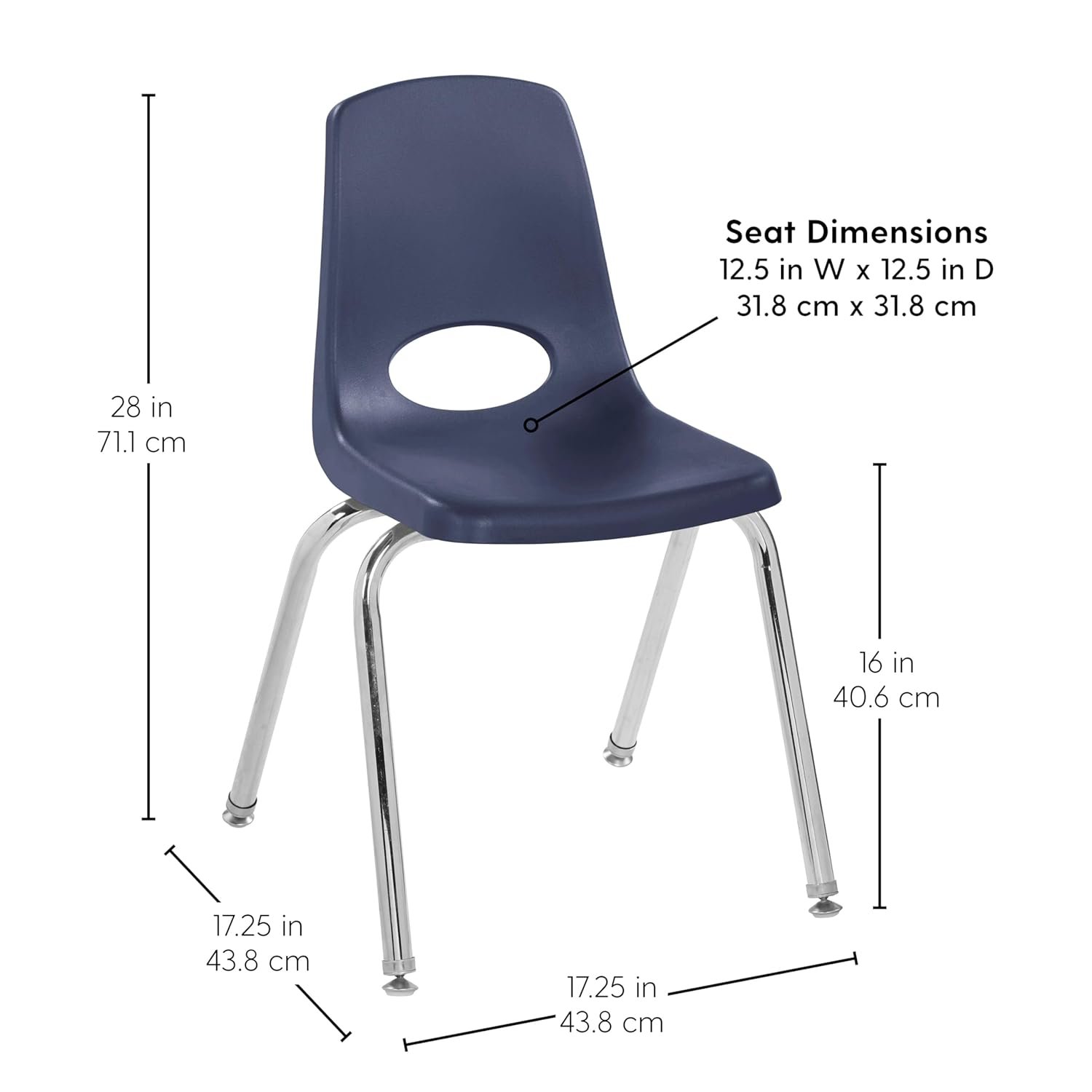 Factory Direct Partners 10368-NV 16" School Stack Chair, Stacking Student Seat with Chromed Steel Legs and Nylon Swivel Glides for in-Home Learning or Classroom - Navy (6-Pack) 3 Factory Direct Partners 10368-NV 16" School Stack Chair, Stacking Student Seat with Chromed Steel Legs and Nylon Swivel Glides for in-Home Learning or Classroom - Navy (6-Pack) - Image 3