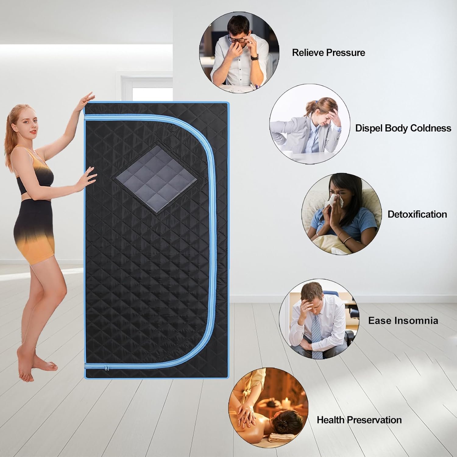 Portable Steam Sauna | Full Size Portablel Sauna Tent | Personal Home Sauna Spa | with 2.2L Water Injection Rate and 1000W Steam Generator, Portable Chair, Black (Blue Edge) 7 Portable Steam Sauna | Full Size Portablel Sauna Tent | Personal Home Sauna Spa | with 2.2L Water Injection Rate and 1000W Steam Generator, Portable Chair, Black (Blue Edge) - Image 7