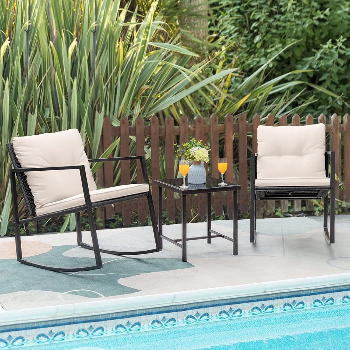 Greesum 3 Pieces Rocking Wicker Bistro Set, Patio Outdoor Furniture Conversation Sets with Porch Chairs and Glass Coffee Table, Beige 2 Greesum 3 Pieces Rocking Wicker Bistro Set, Patio Outdoor Furniture Conversation Sets with Porch Chairs and Glass Coffee Table, Beige - Image 2