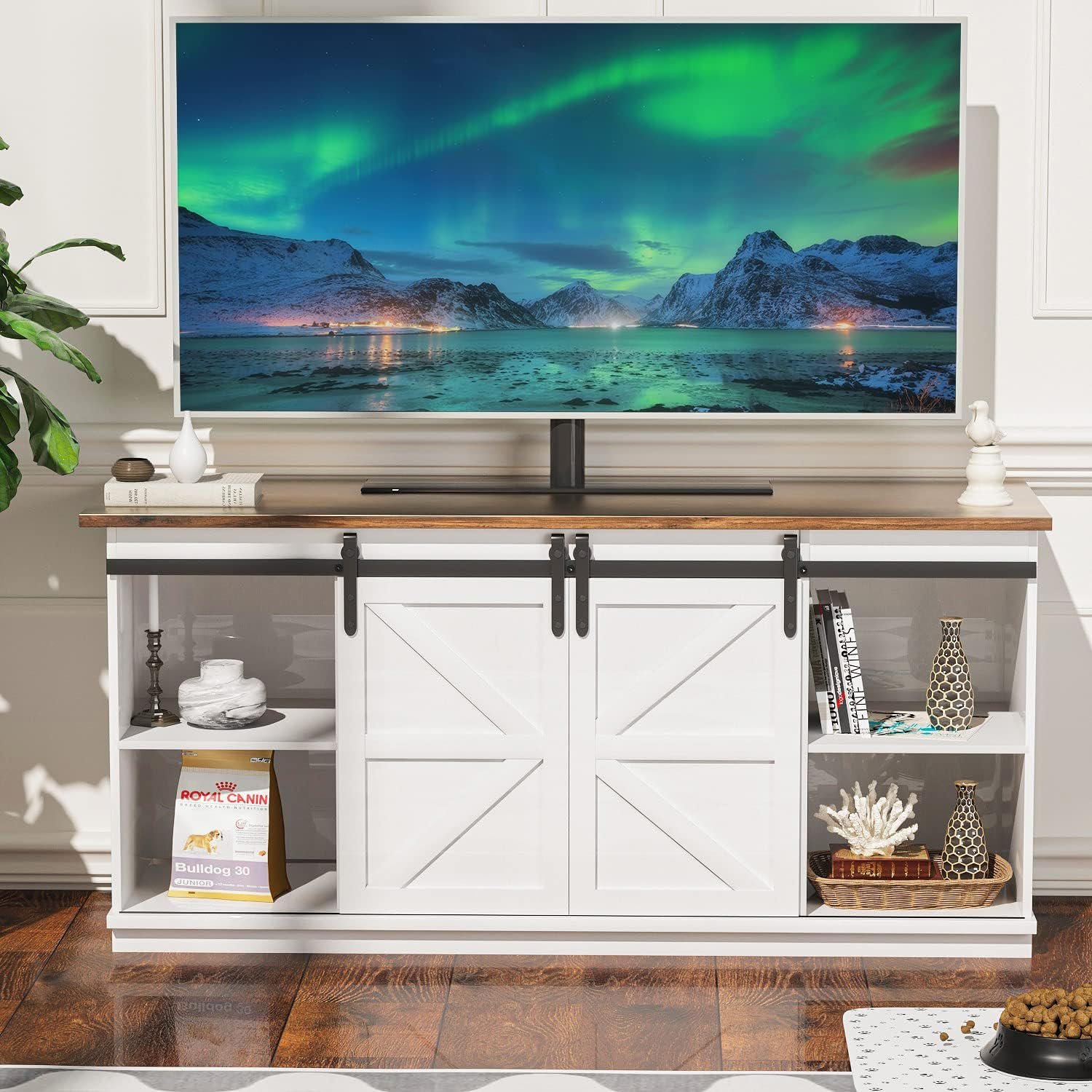 YESHOMY Farmhouse TV Stand and Entertainment Center for Televisions up to 65 Inchs, with Sliding Barn Doors and Storage Cabinets, Console Table and Media Furniture for Living Room, 58 Inch, Milk White 2 YESHOMY Farmhouse TV Stand and Entertainment Center for Televisions up to 65 Inchs, with Sliding Barn Doors and Storage Cabinets, Console Table and Media Furniture for Living Room, 58 Inch, Milk White - Image 2