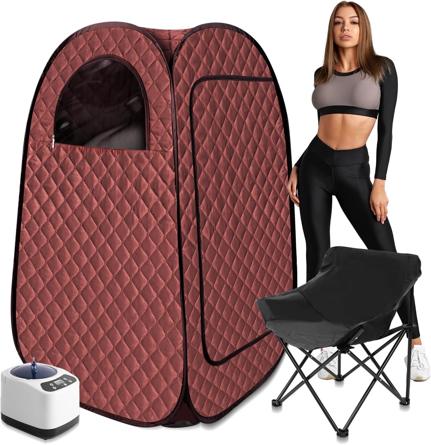 Portable Steam Sauna, Personal Steam Sauna Tent for Home Spa, Full Size Portable Spa Sauna Box with 3L 1000W Sauna Steamer, Large Size Foldable Chair Included, Brown