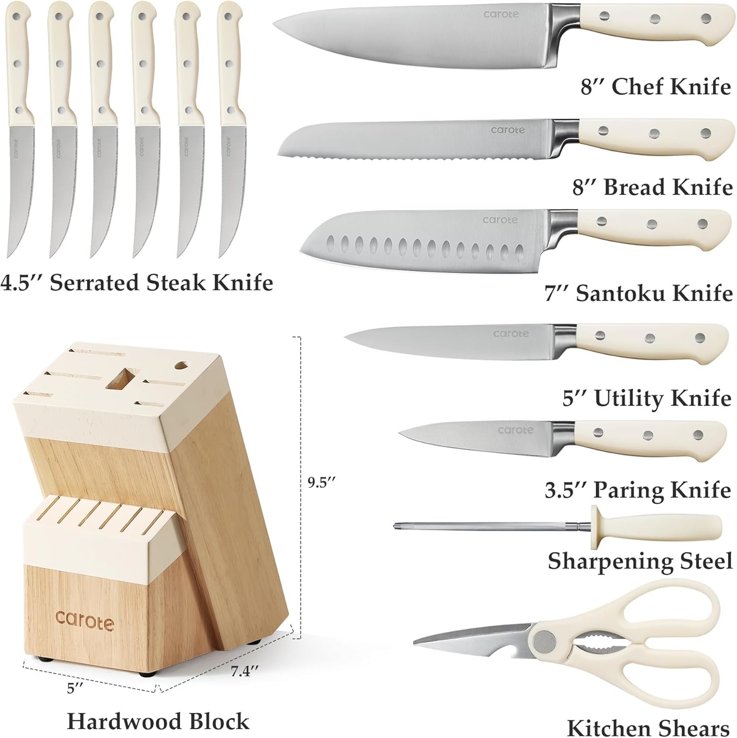 CAROTE 14 Pieces Knife Set with Block, Forged, High Carbon Stainless Steel Sharp Blade Block Knife Set, Dishwasher Safe Cutlery, Cream 2 CAROTE 14 Pieces Knife Set with Block, Forged, High Carbon Stainless Steel Sharp Blade Block Knife Set, Dishwasher Safe Cutlery, Cream - Image 2