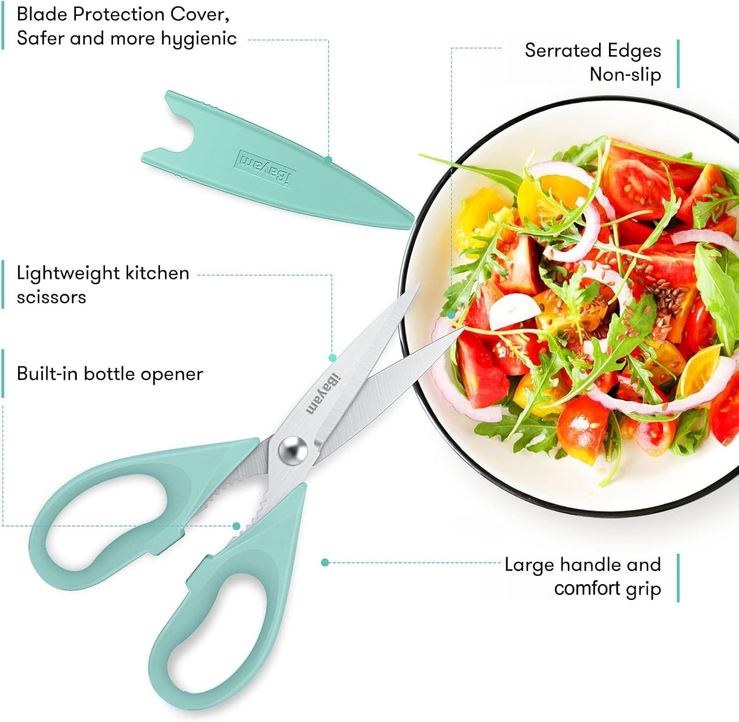 Kitchen Shears, iBayam Kitchen Scissors All Purpose Heavy Duty Meat Poultry Shears, Dishwasher Safe Food Cooking Stainless Steel Utility Scissors, Home Apartment Essentials, 2-Pack, Black, Aqua Sky 2 Kitchen Shears, iBayam Kitchen Scissors All Purpose Heavy Duty Meat Poultry Shears, Dishwasher Safe Food Cooking Stainless Steel Utility Scissors, Home Apartment Essentials, 2-Pack, Black, Aqua Sky - Image 2