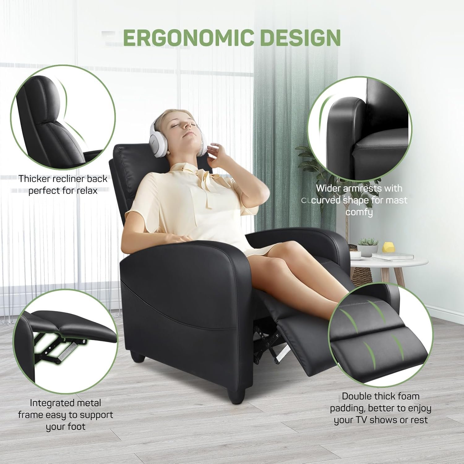Recliner Chair with Massage and Lumbar Support, Small PU Leather Home Theater Seating, Adjustable Modern Reclining Chair for Adults in Living Room 5 Recliner Chair with Massage and Lumbar Support, Small PU Leather Home Theater Seating, Adjustable Modern Reclining Chair for Adults in Living Room - Image 5