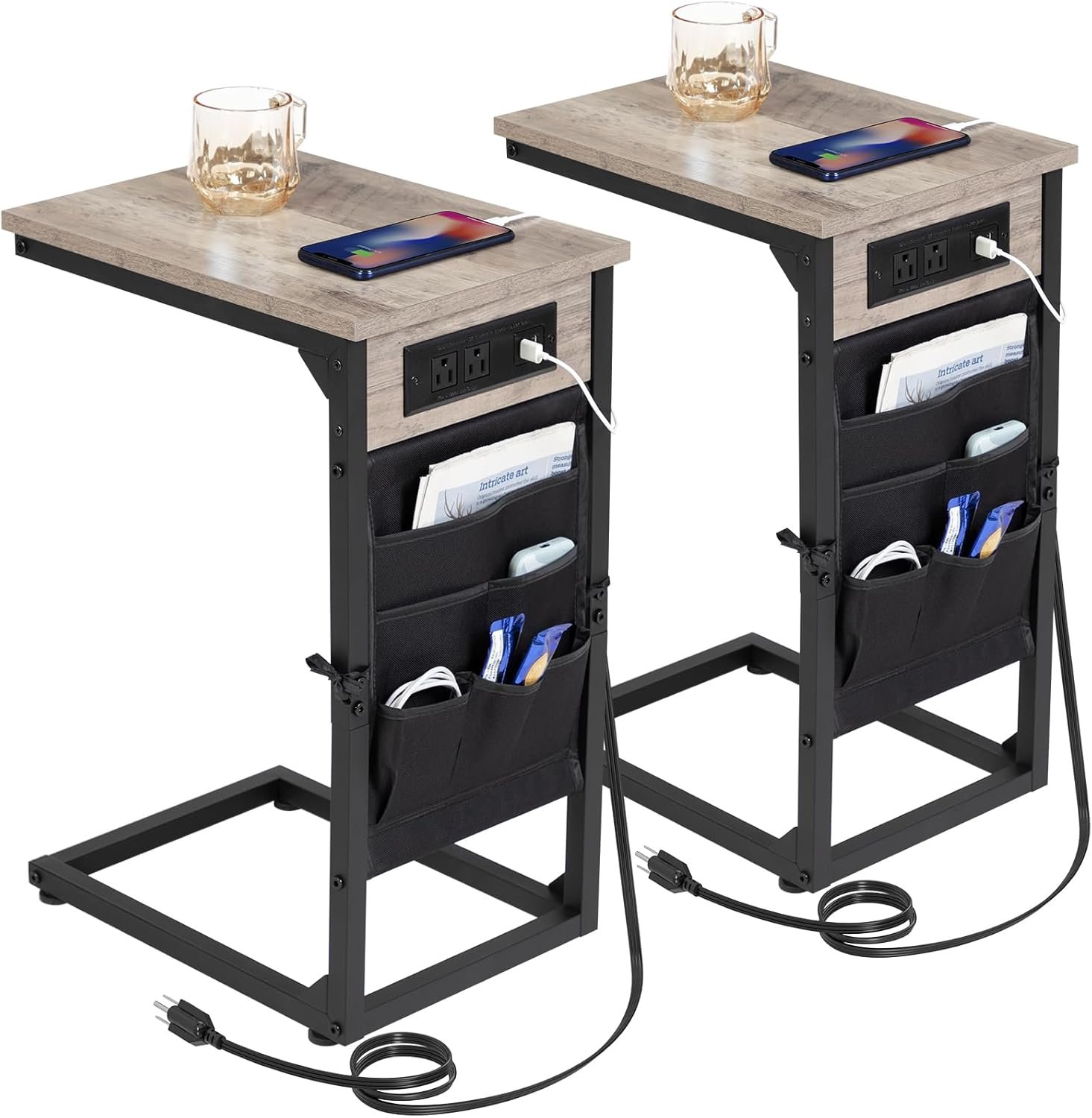 AMHANCIBLE C Shaped End Table with Charging Station, TV Tray Set of 2, Couch Tables with Storage Bag, Slide Under Sofa Side Table with USB Ports and Outlets for Living Room, Grey HET04CGY
