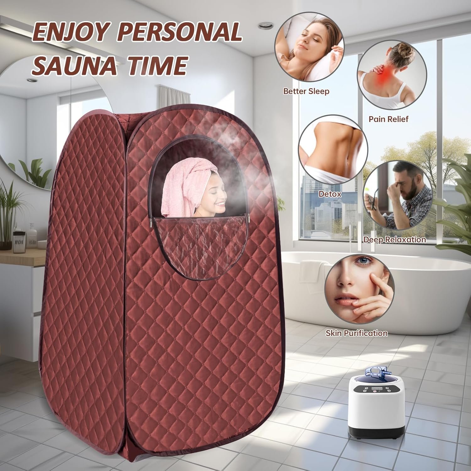 Portable Steam Sauna, Personal Steam Sauna Tent for Home Spa, Full Size Portable Spa Sauna Box with 3L 1000W Sauna Steamer, Large Size Foldable Chair Included, Brown 5 Portable Steam Sauna, Personal Steam Sauna Tent for Home Spa, Full Size Portable Spa Sauna Box with 3L 1000W Sauna Steamer, Large Size Foldable Chair Included, Brown - Image 5
