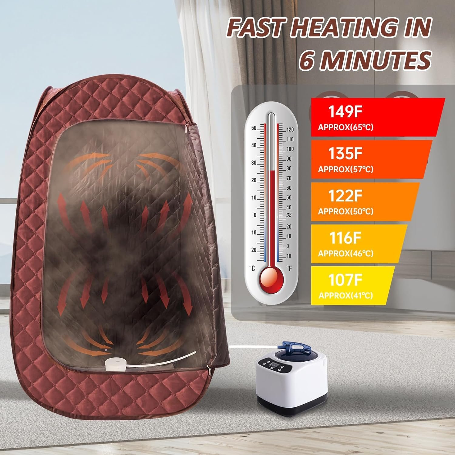 Portable Steam Sauna, Personal Steam Sauna Tent for Home Spa, Full Size Portable Spa Sauna Box with 3L 1000W Sauna Steamer, Large Size Foldable Chair Included, Brown 3 Portable Steam Sauna, Personal Steam Sauna Tent for Home Spa, Full Size Portable Spa Sauna Box with 3L 1000W Sauna Steamer, Large Size Foldable Chair Included, Brown - Image 3