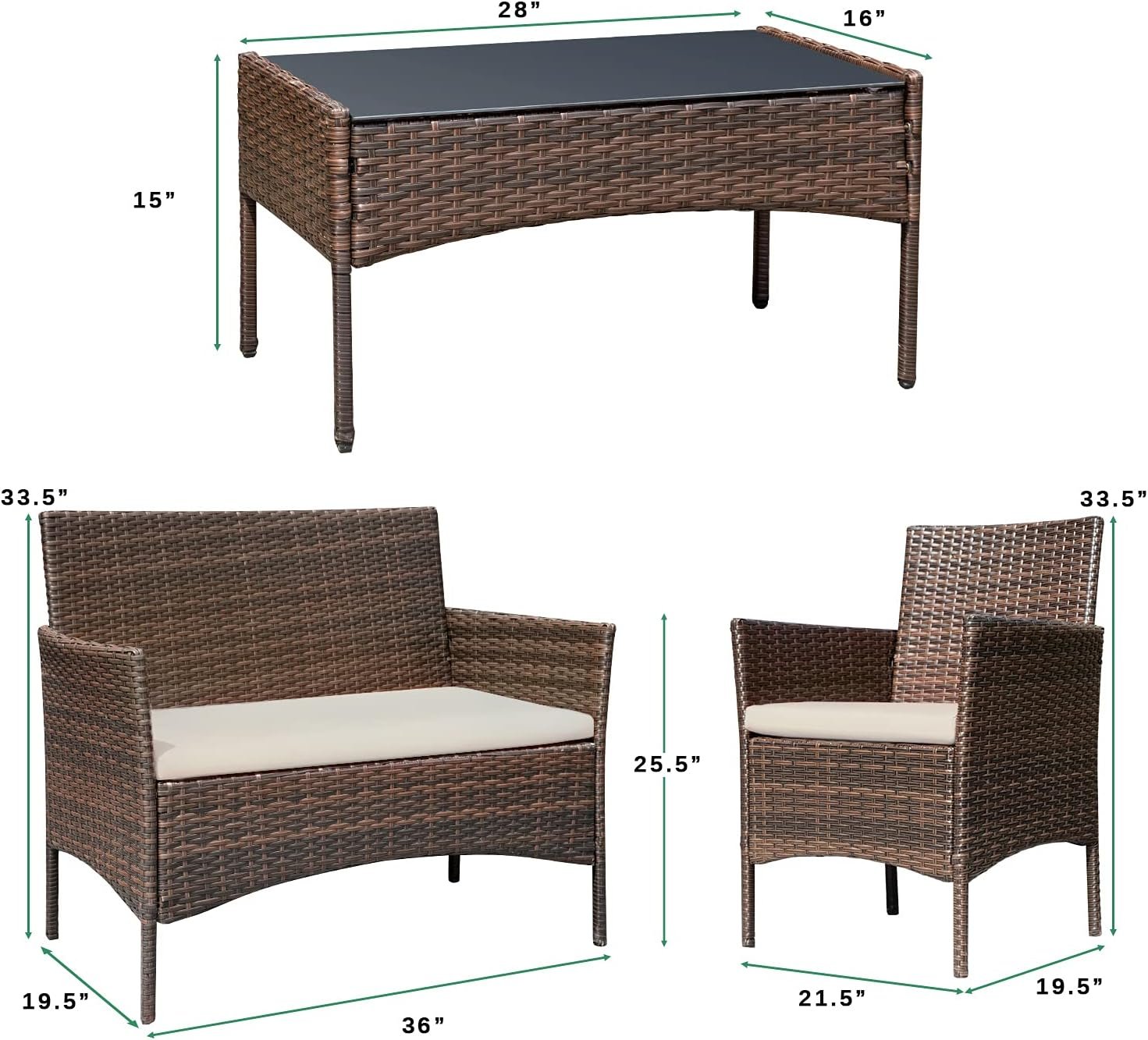 Greesum Patio Furniture 4 Pieces Conversation Sets Outdoor Wicker Rattan Chairs Garden Backyard Balcony Porch Poolside loveseat with Soft Cushion and Glass Table, Brown and Beige 7 Greesum Patio Furniture 4 Pieces Conversation Sets Outdoor Wicker Rattan Chairs Garden Backyard Balcony Porch Poolside loveseat with Soft Cushion and Glass Table, Brown and Beige - Image 7