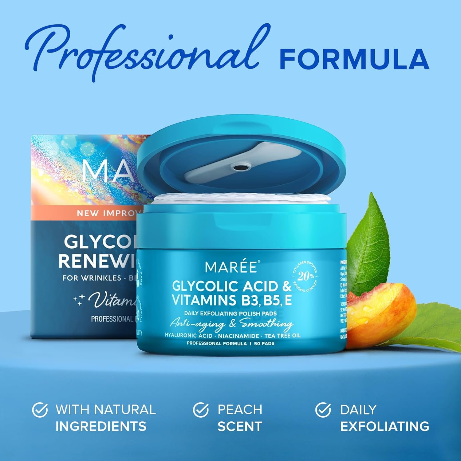 MAREE Glycolic Acid Pads - Toner Pads for Face Cleansing - Tea Tree Oil, Salicylic Acid & Vitamins E, B3, B5 - Facial Peel & Radiance Deep Cleaning Effect - 50 Pads 6 MAREE Glycolic Acid Pads - Toner Pads for Face Cleansing - Tea Tree Oil, Salicylic Acid & Vitamins E, B3, B5 - Facial Peel & Radiance Deep Cleaning Effect - 50 Pads - Image 6